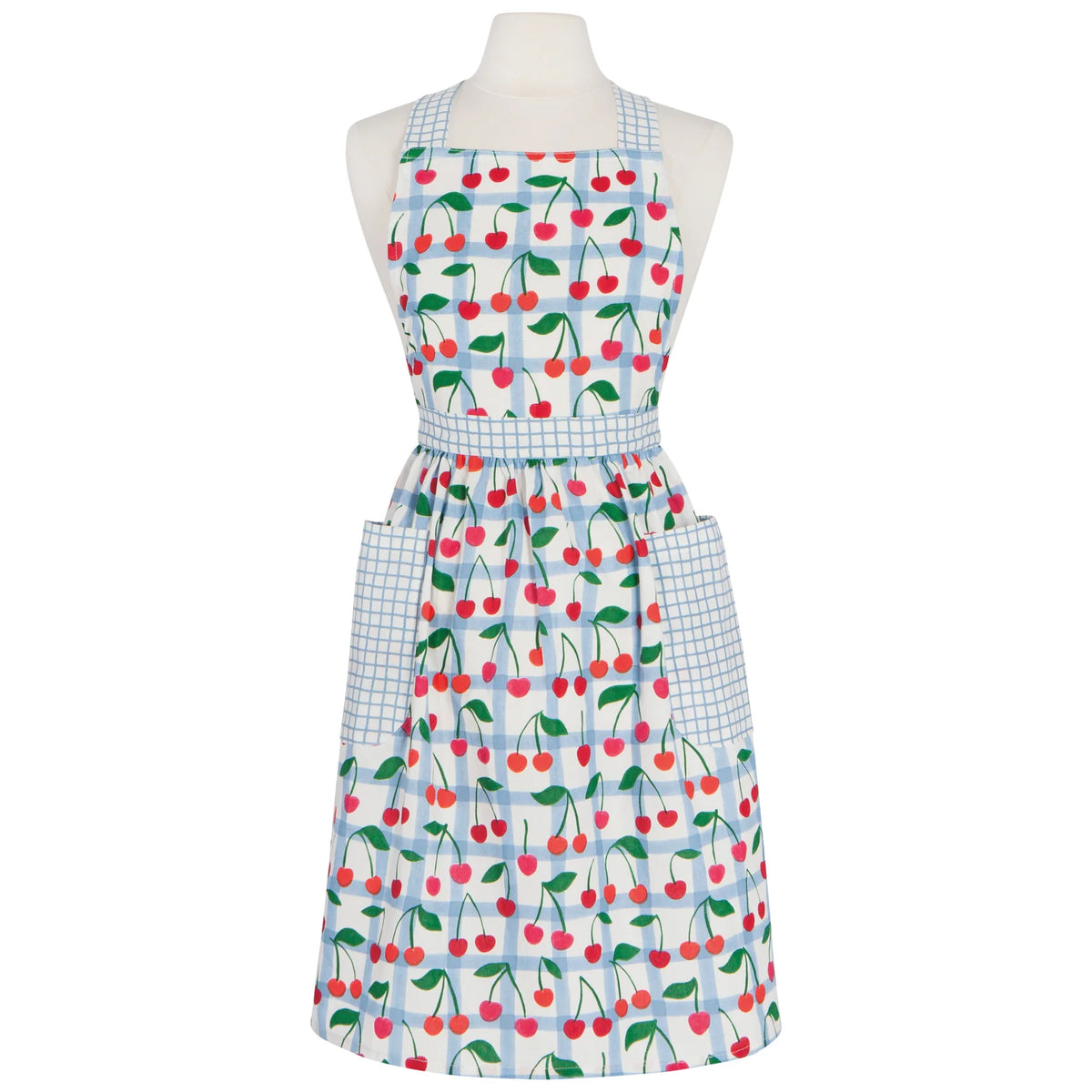 Apron with cherry pattern on a mannequin against a white background